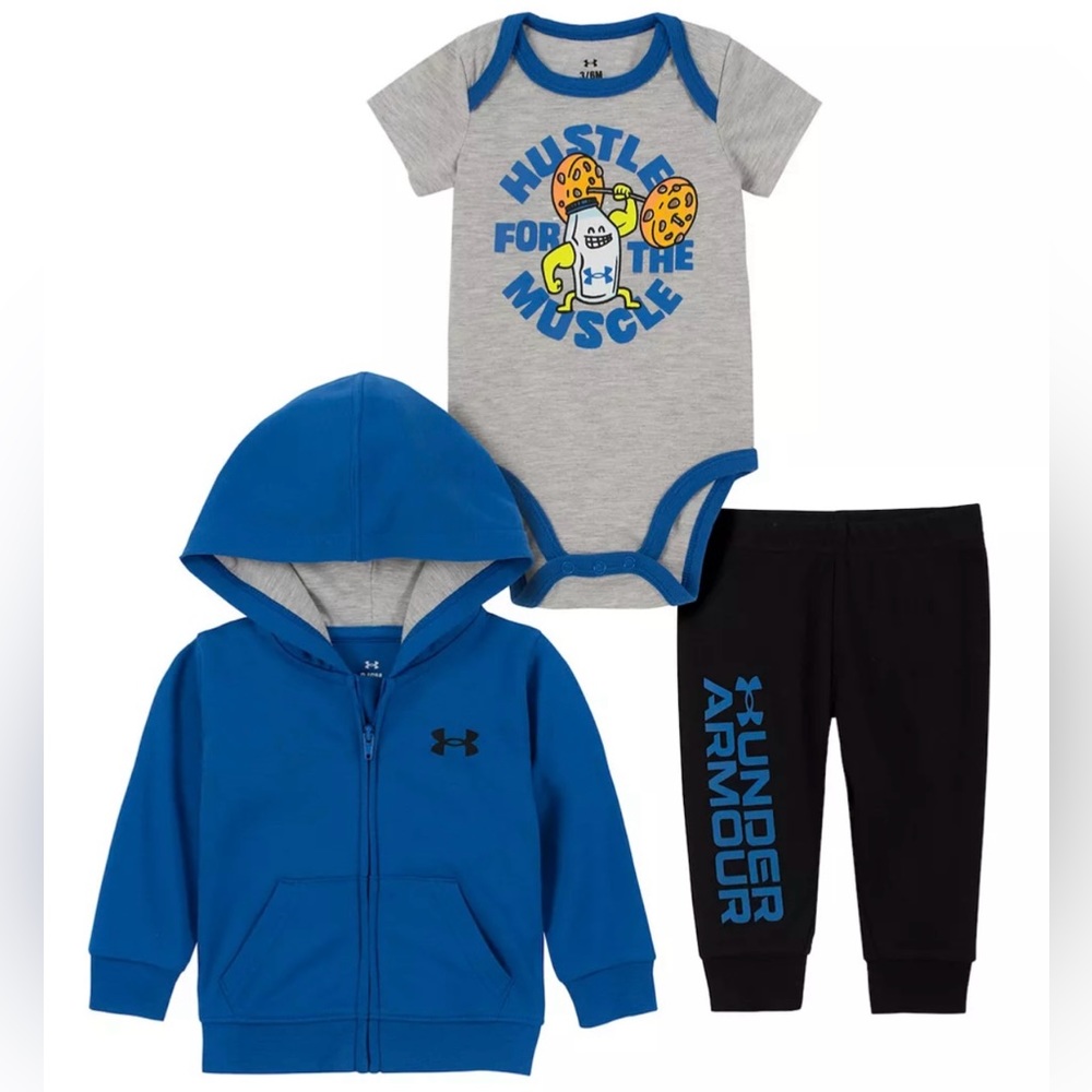 NEW Under Armour Baby Zip-Up Hoodie, Onesie & Black Joggers Pants Set, 12 month